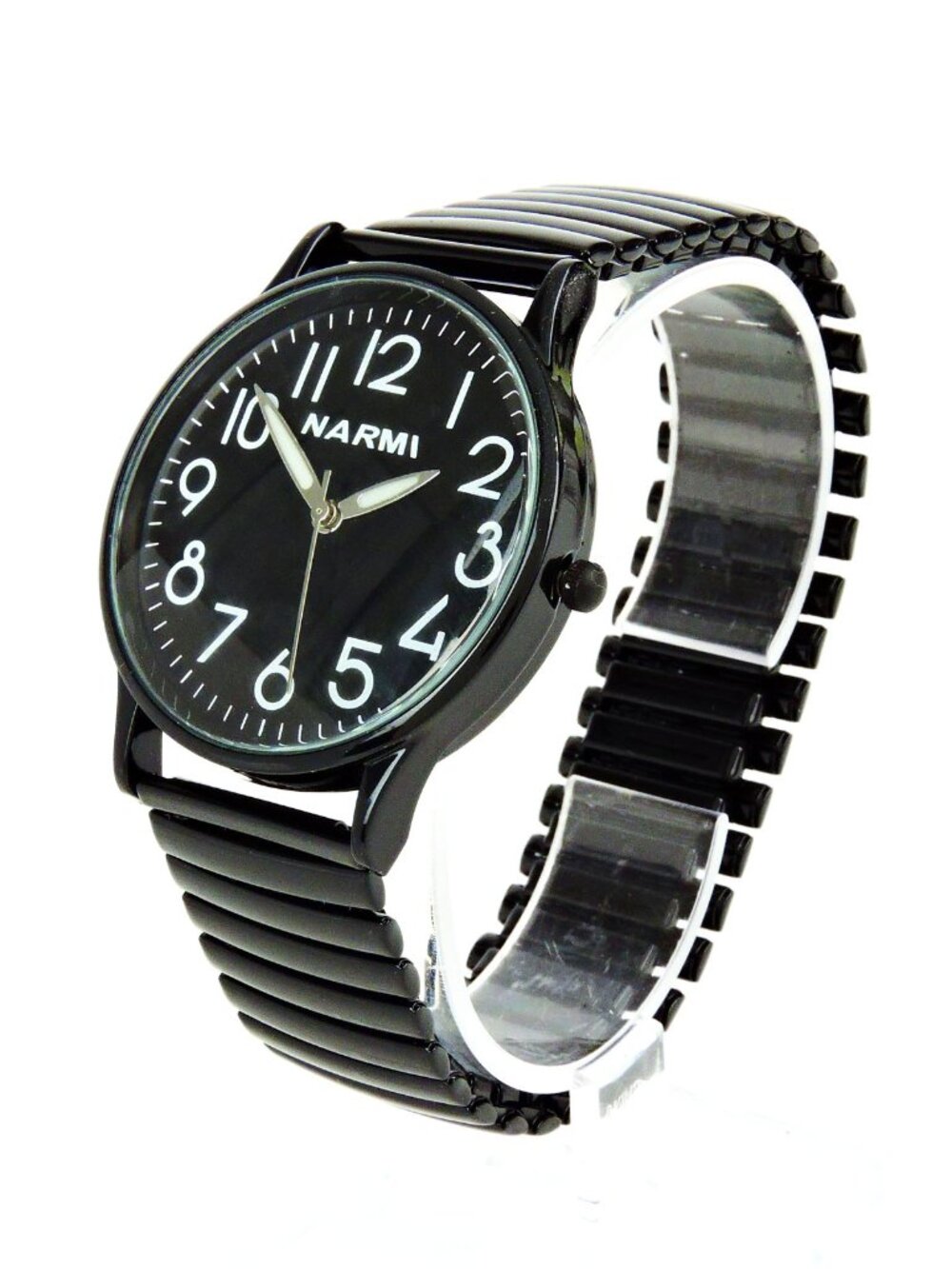 Black Stretch Band watch Easy to Read with White Hours